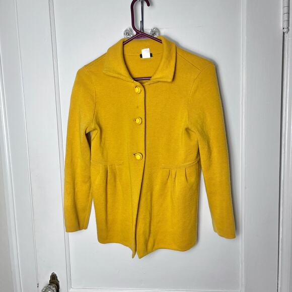 Vintage Y2K J. Crew 100% Wool Peplum Button Mustard Yellow Cardigan Sweater SM - Picture 1 of 8